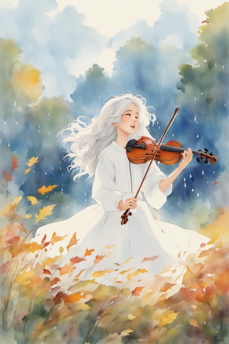 14081-3270742434-A girl in an autumn forest plays and sings on a violin,Studio Ghibli,rain,long hair,white clothes,white hair,curly hair,Isolated.png